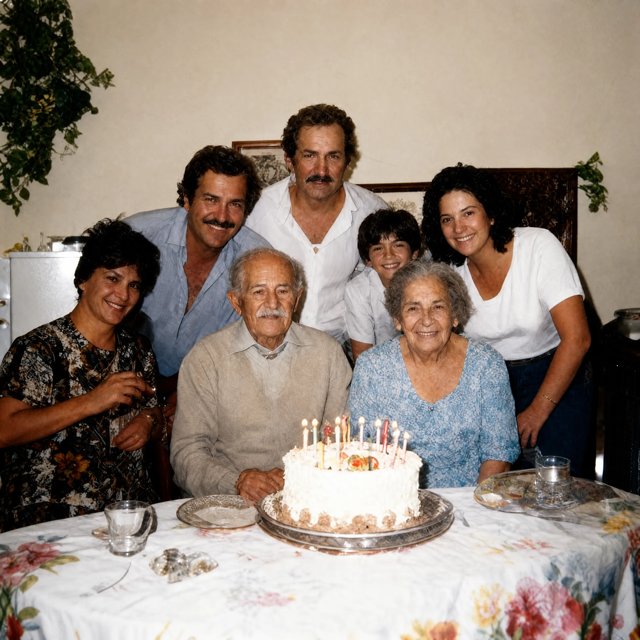 Restored family photo: three generations gathered around a grandfather's candlelit birthday cake