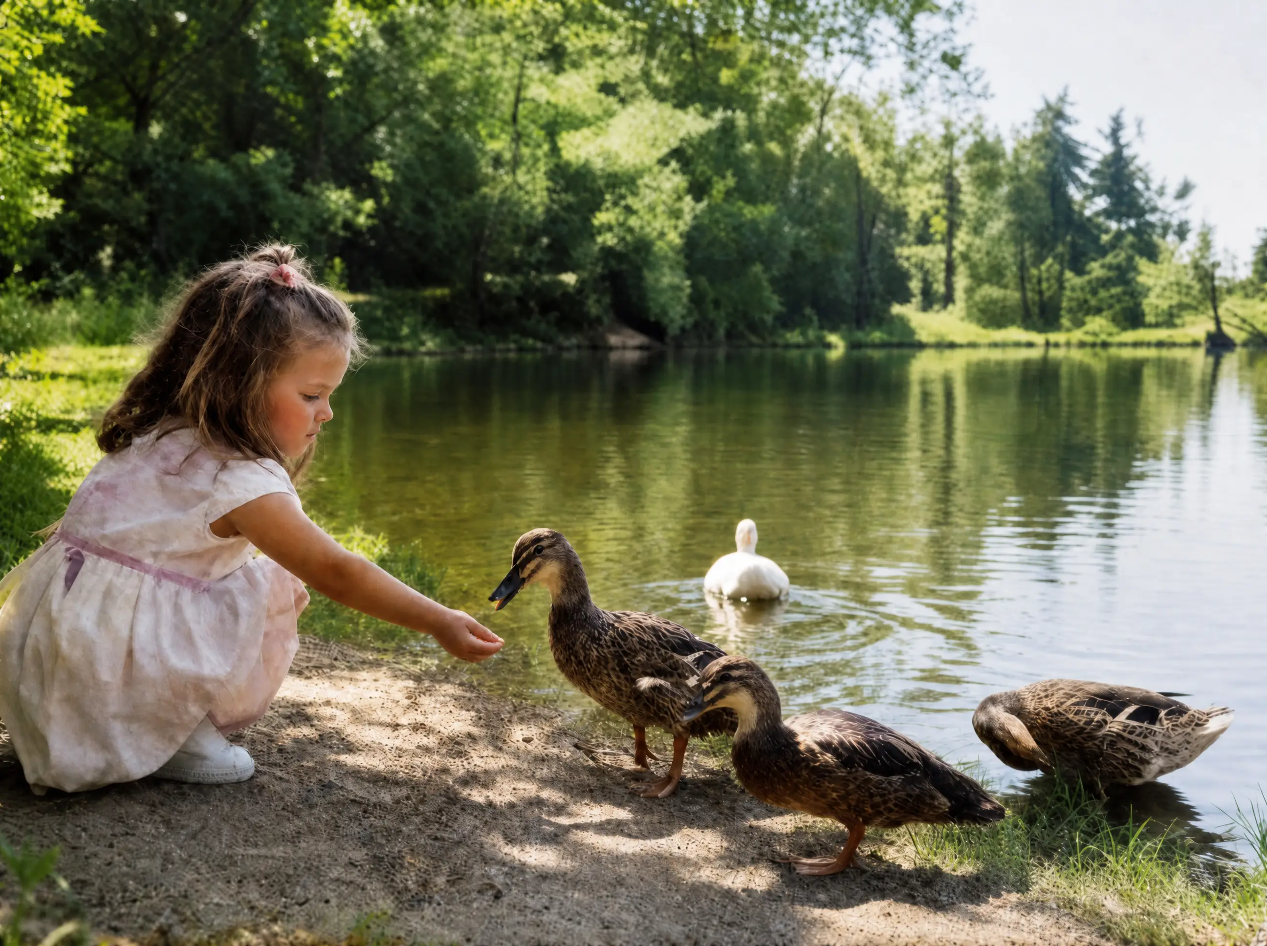 Restored snapshot: a little girl in a summer dress feeding ducks at the edge of a pond